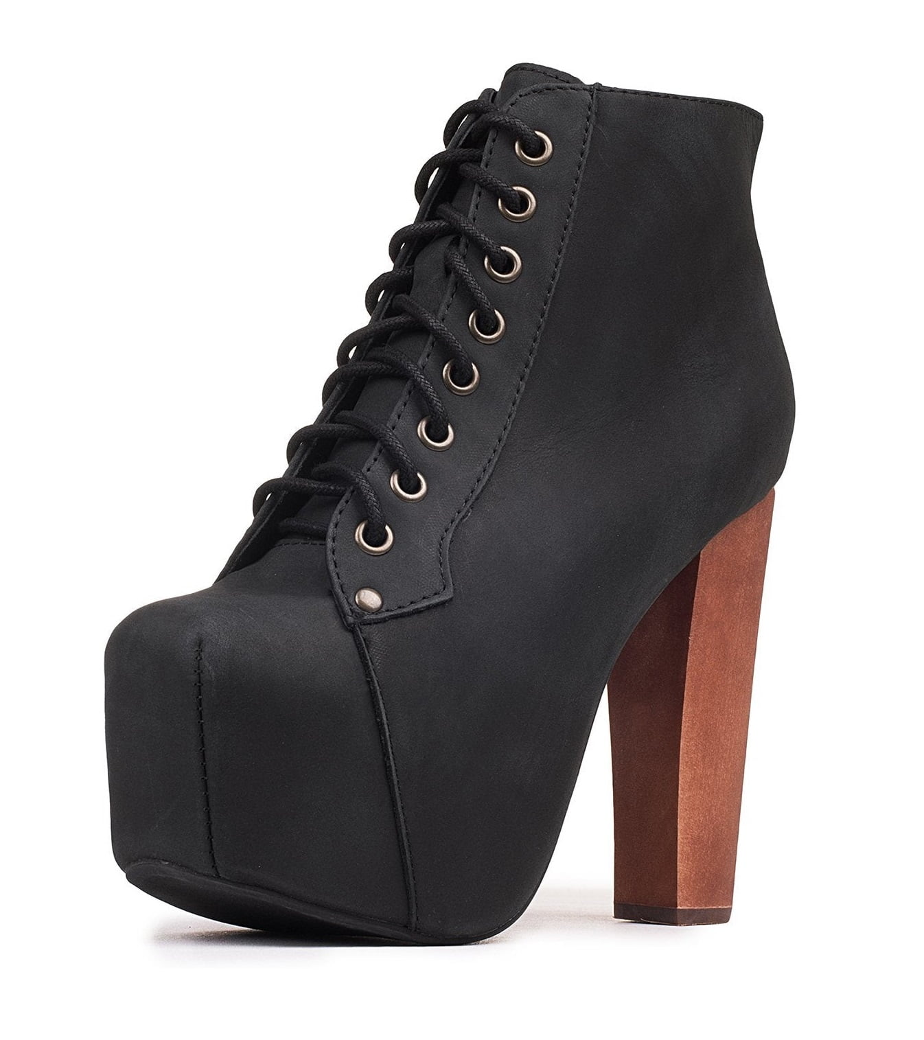 Jeffrey Campbell Lita Black Distressed Leather Wood Heel Platform Lace