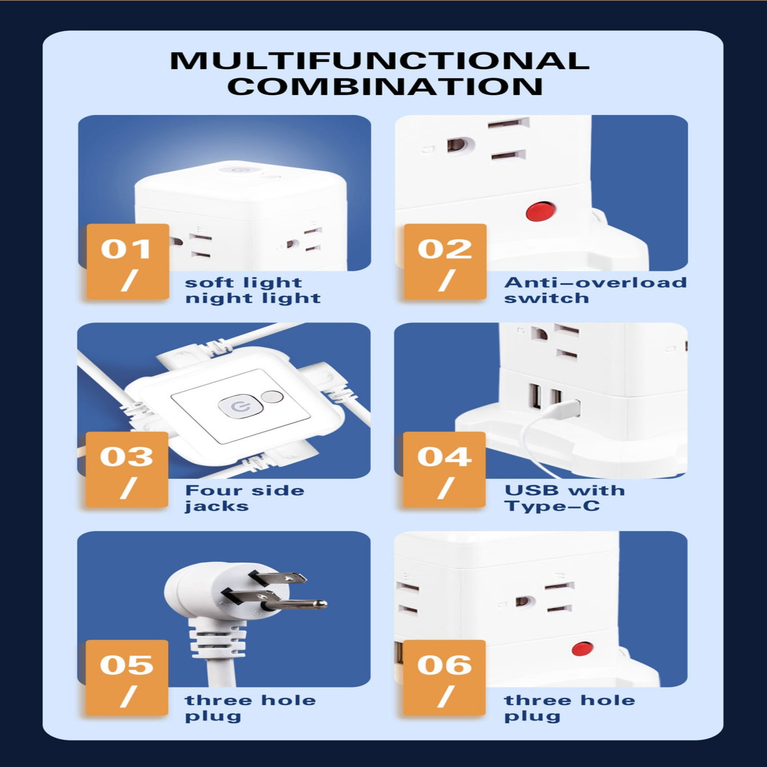 BEISHINK 8 Export Tower-Type Surge Protector with Night Light Function, Equipped with 3 USB Ports, 6.5FT Extension Cable, White Color