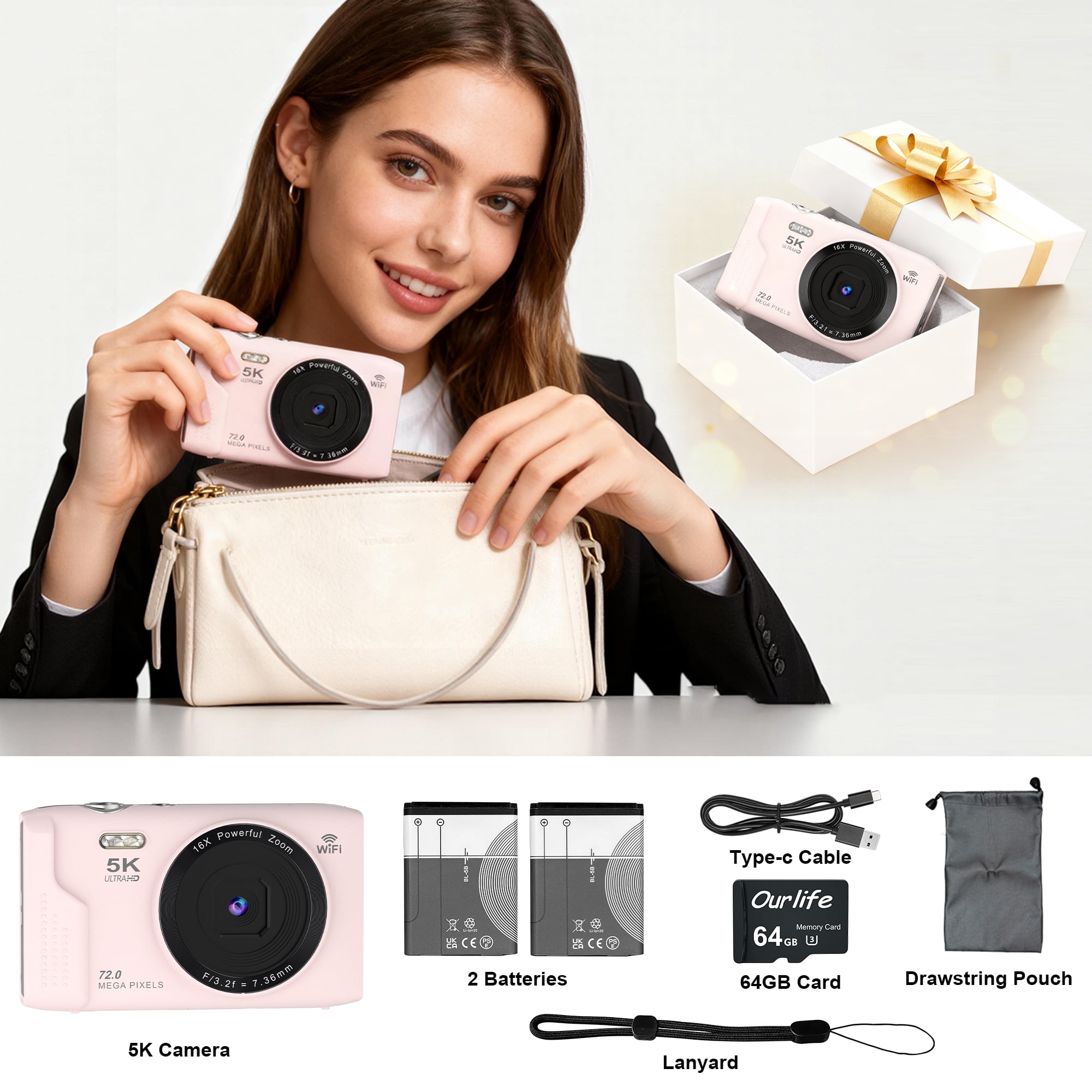 Ourlife 5K Digital Camera for Vlogging, 72MP with Autofocus 16X Digital Zoom, Travel Compact Camera with Flash, 64GB Card & 2 Batteries, Pink
