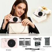 Ourlife 5K Digital Camera for Vlogging, 72MP with Autofocus 16X Digital Zoom, Travel Compact Camera with Flash, 64GB Card & 2 Batteries, Pink