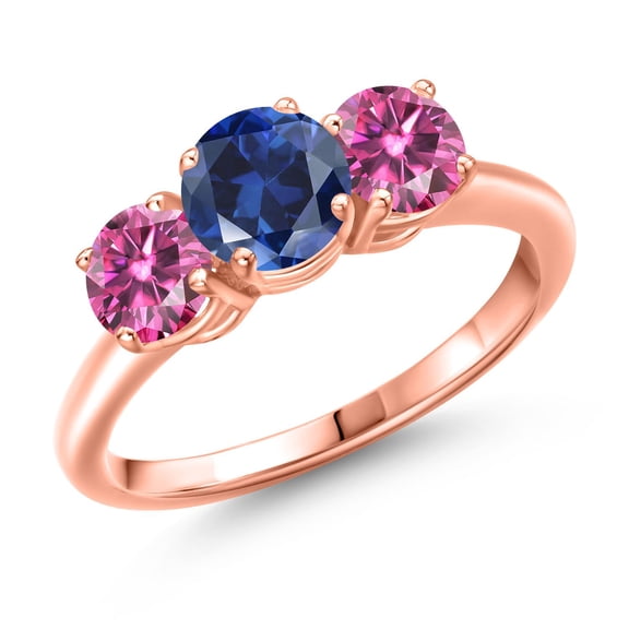 Gem Stone King 18K Rose Gold Plated Silver Blue Created Sapphire and Pink Moissanite Engagement Ring for Women | 2.00 Cttw | Round 6MM | Gemstone September Birthstone | Size 9