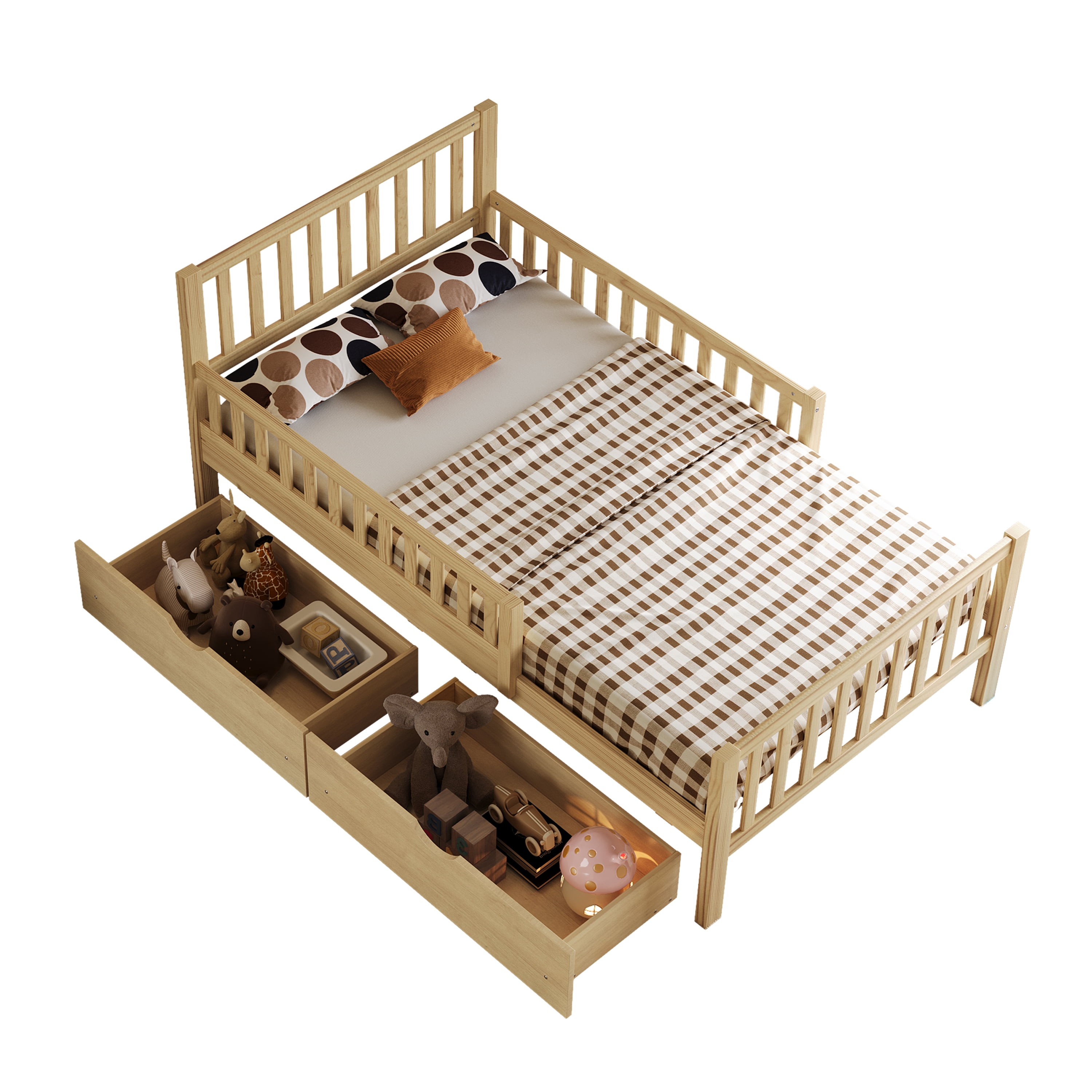 Euroco Wood Twin Size Platform Bed with Guardrails and Drawers for Kids Teens Toddlers, Natural