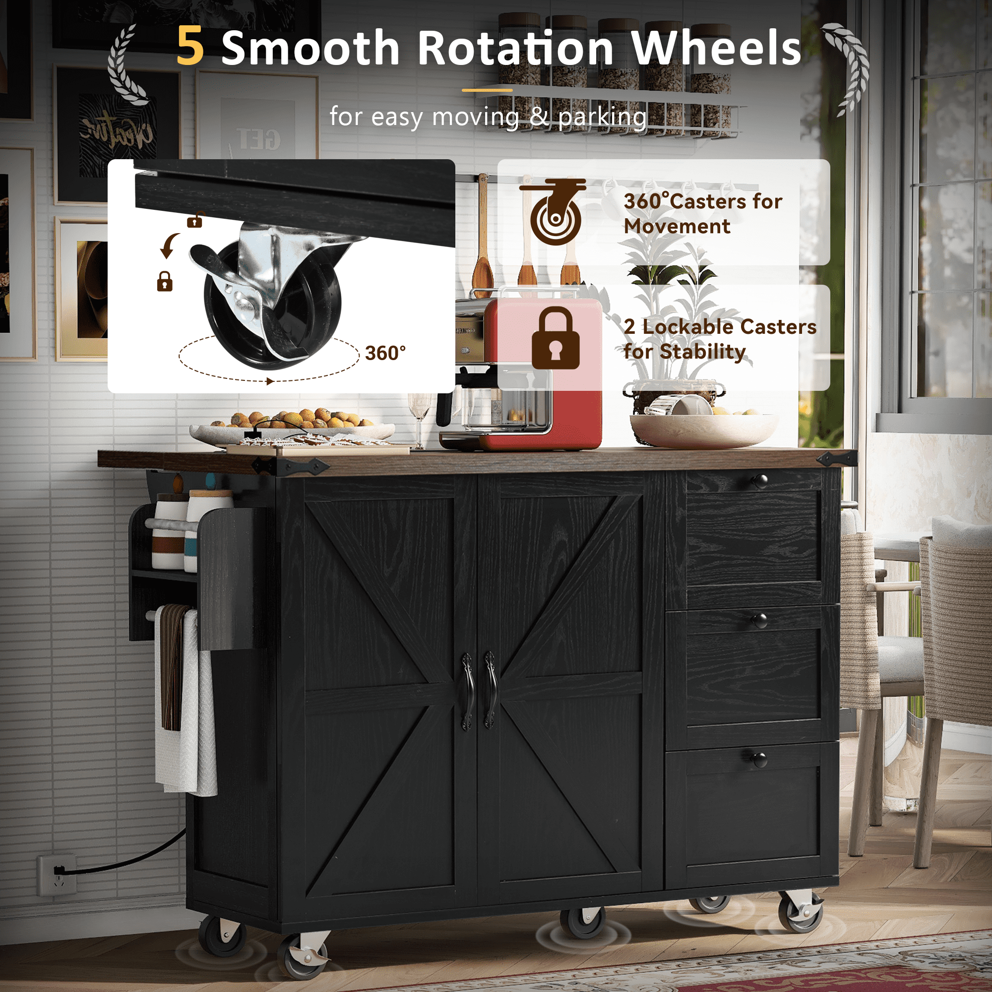 Lunale 54.5" Kitchen Island with Drop Leaf, Power Outlets, Farmhouse Rolling Storage Cabinet Cart for Kitchen & Dining Room, Black