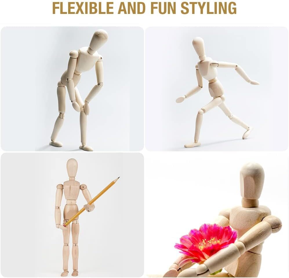 LQQBOX 2Pcs 12" Wood Poseable Mannequin, Artists Wooden Manikin Jointed Mannequin Art Figure Drawing Model Articulated Wood Human Model with Base Flexible Body Home Decoration Drawing Human Figure