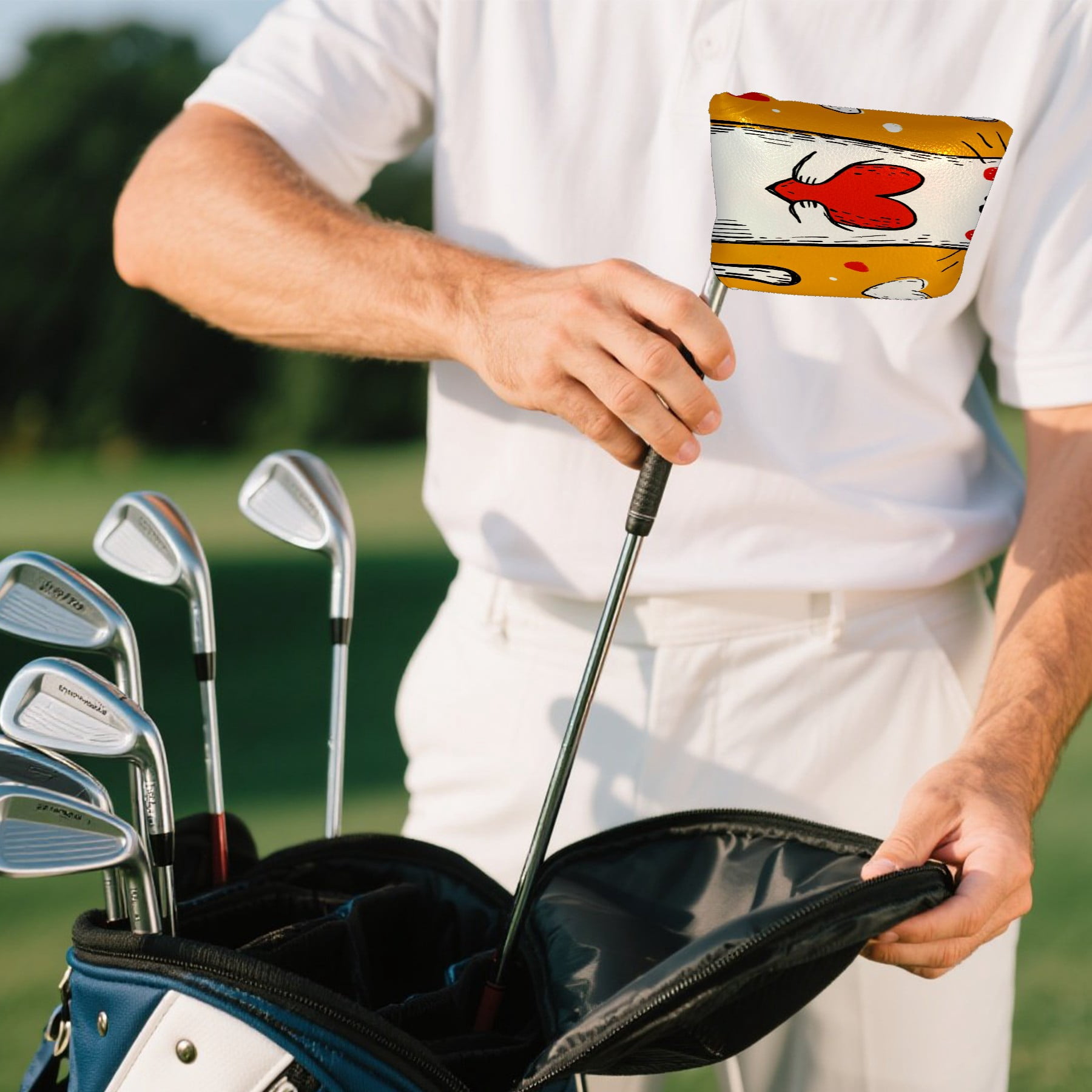 Golf Mallet Putter Cover Premium Leather Waterproof Golf Putter Head Cover with Magnetic Closure Hand Drawn Cat Heart