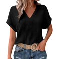 thumbnail image 6 of idosla Womens Summer Gauze Blouses Crinkle Texture V Neck Short Sleeve Pullover Shirts Solid Color Work Camping Outfits Top (Black, XL), 6 of 7