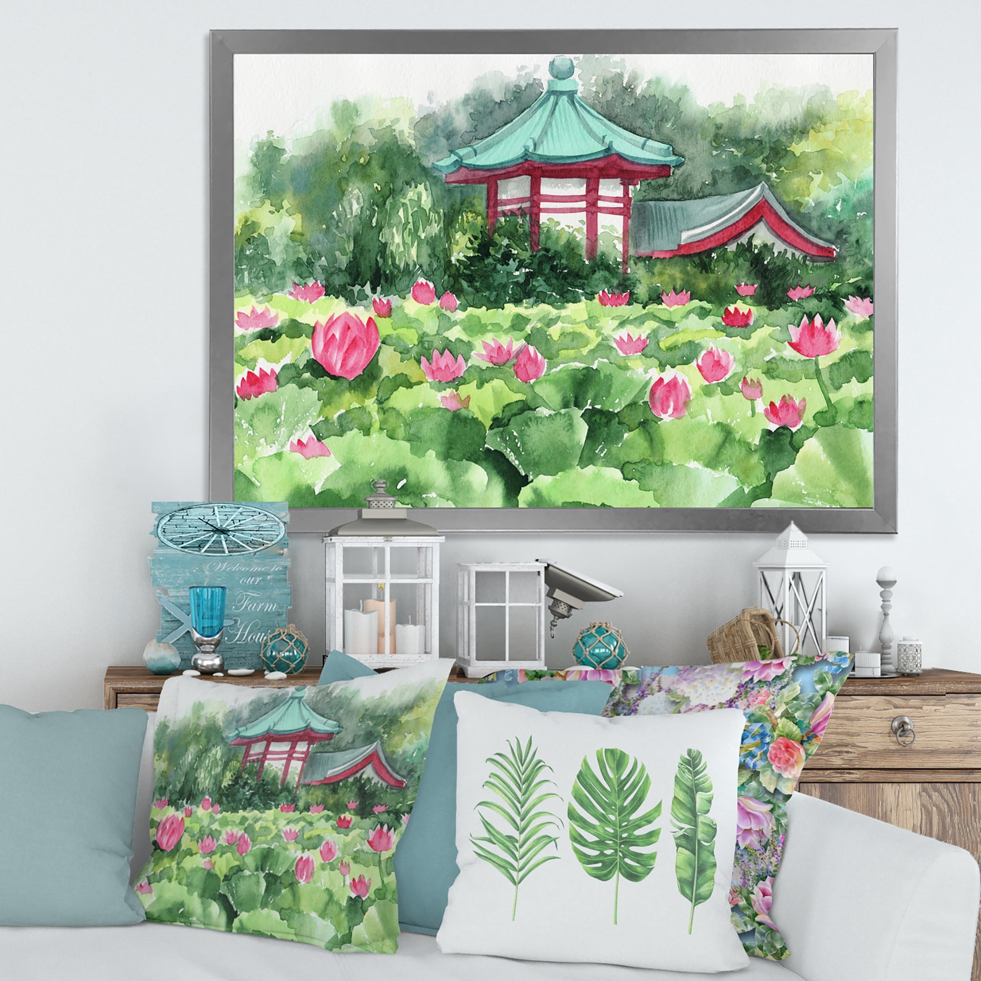 Designart 'Pagoda and Lotus Lake' Traditional Framed Art Print