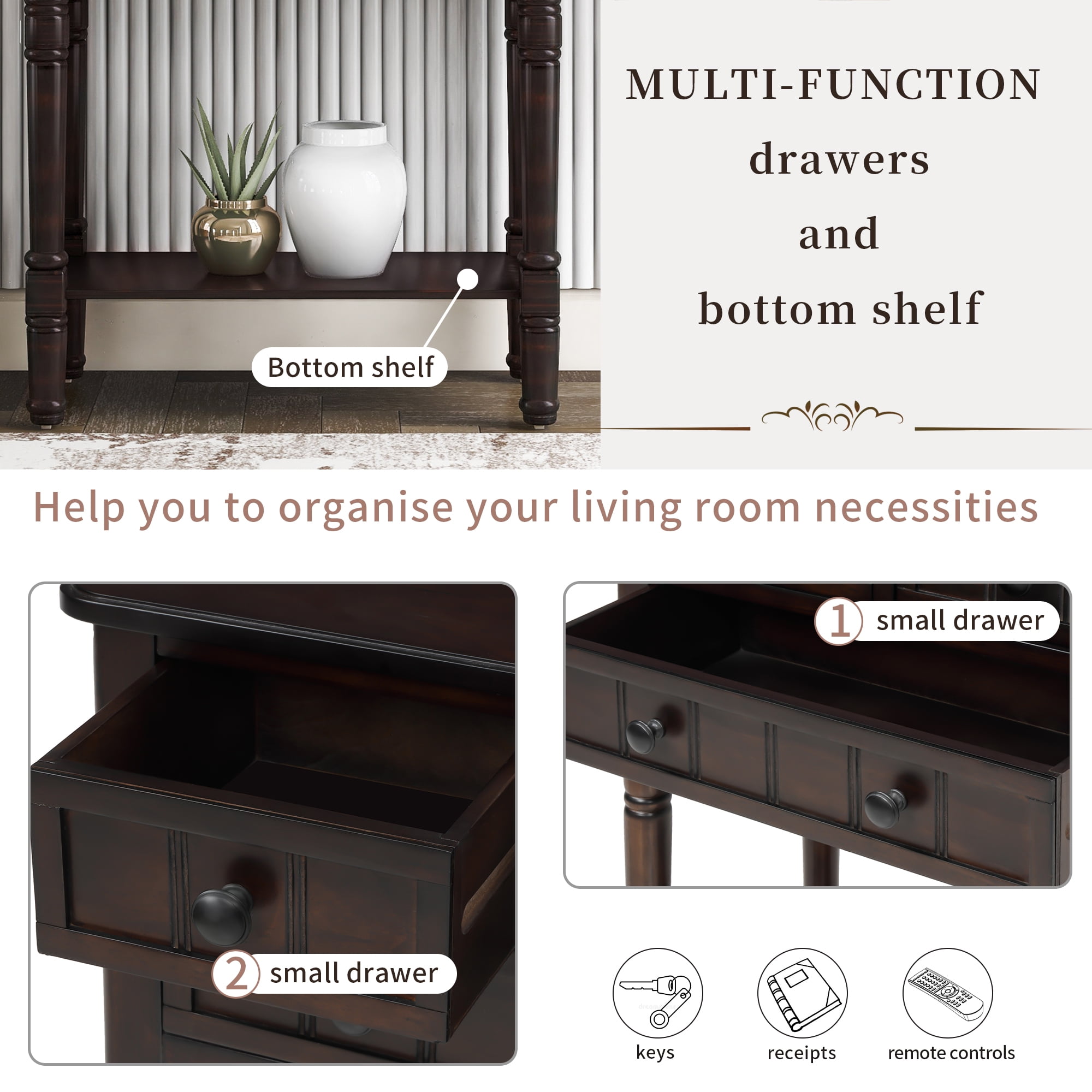 EUROCO Console Table, Slim Sofa Table with Three Storage Drawers and Bottom Shelf for Living Room, Easy Assembly