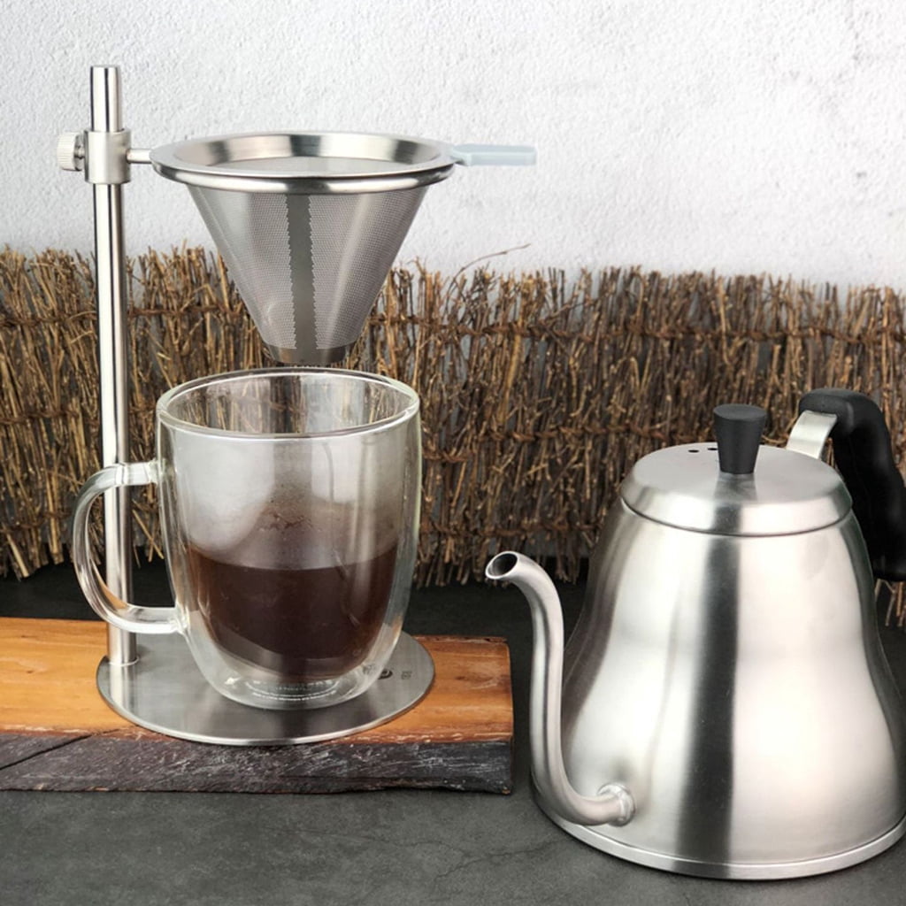 Adjustable Stainless Steel Pour Over Coffee Maker Station Stand with Reusable Double Filter Freestanding Drip Cone Brewer Directly into Mug Cup