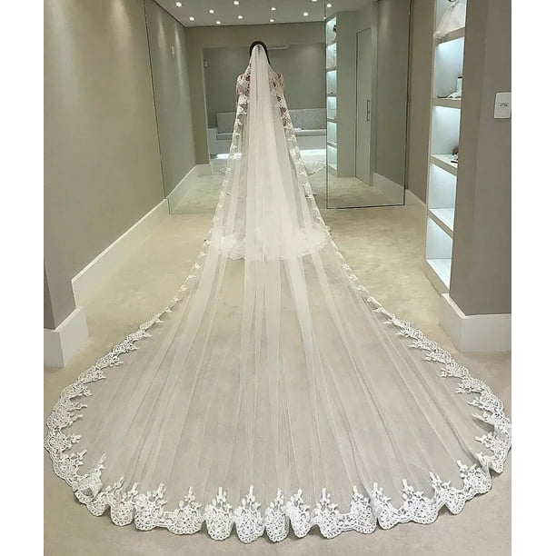 White Ivory 4 Meters Long Full Edge Lace Wedding Veil One Layer