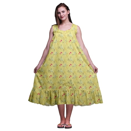 Bimba Medium Yellow6 Watercolor Flower & Leaves Mid Calf Nightwear Ladies Cotton Printed Sleeveless Night Gown Maxi Dress Medium