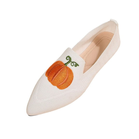 Wensltd Women Halloween Knit Shoes Pumpkin Print Comfort Lightweight Flat Shoes Pointed Toe Loafers