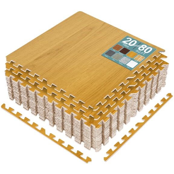 Sorbus Waterproof Wood Grain Foam Floor Tiles, 20 Tiles, 80 Sq Ft, Interlocking, Light Grain