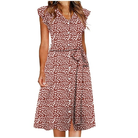

Formal Dresses for Women Valentines Dress for Women Fashion Women Dresses Summer Printing Casual V-Neck Short Sleeve Button Vacation Beach Mini Dress Maternity Dress Summer Dresses Red 2XL
