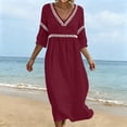 thumbnail image 6 of ClodeEU Women's Lace Trim V Neck 3/4 Sleeve Tunic Midi Dress,Casual Boho Beach Vacation Dress Wine,Women's Plus M, 6 of 7