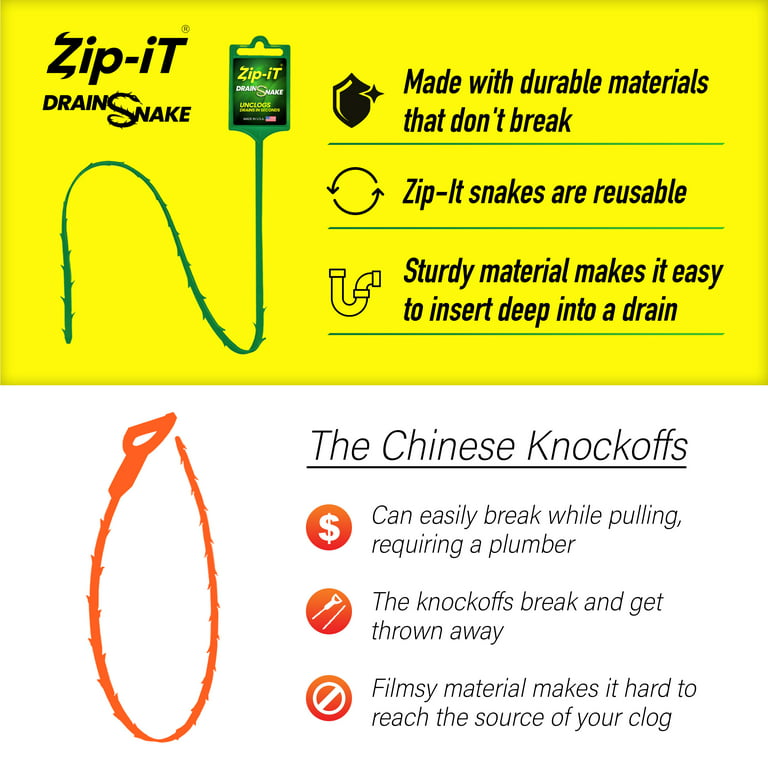 Zip-It Hair Clog Removal 25-inch Overall Length Drain Snake Cleaner  (3-Pack), Unclog Your Sink, Shower, & Tub In Seconds – Non-toxic, Made in  the USA