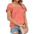 thumbnail image 3 of Pink, Loose-Fitting Casual Tee Women's Lace-Trimmed Short Sleeve Blouse, 3 of 6