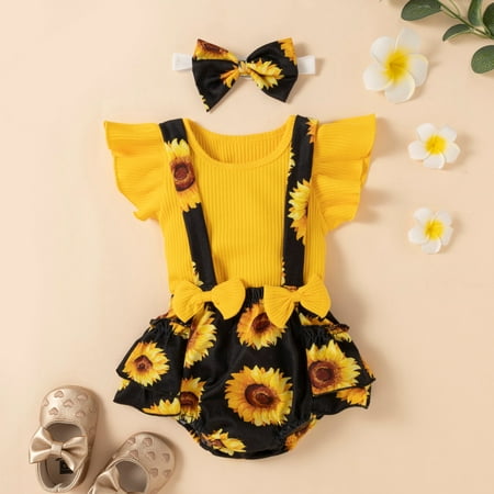 

Girls Clothes T Shirt Tops Floral Suspender Shorts Ruffle Sleeve Outfits Headband Set Spring Summer 0-18 Months