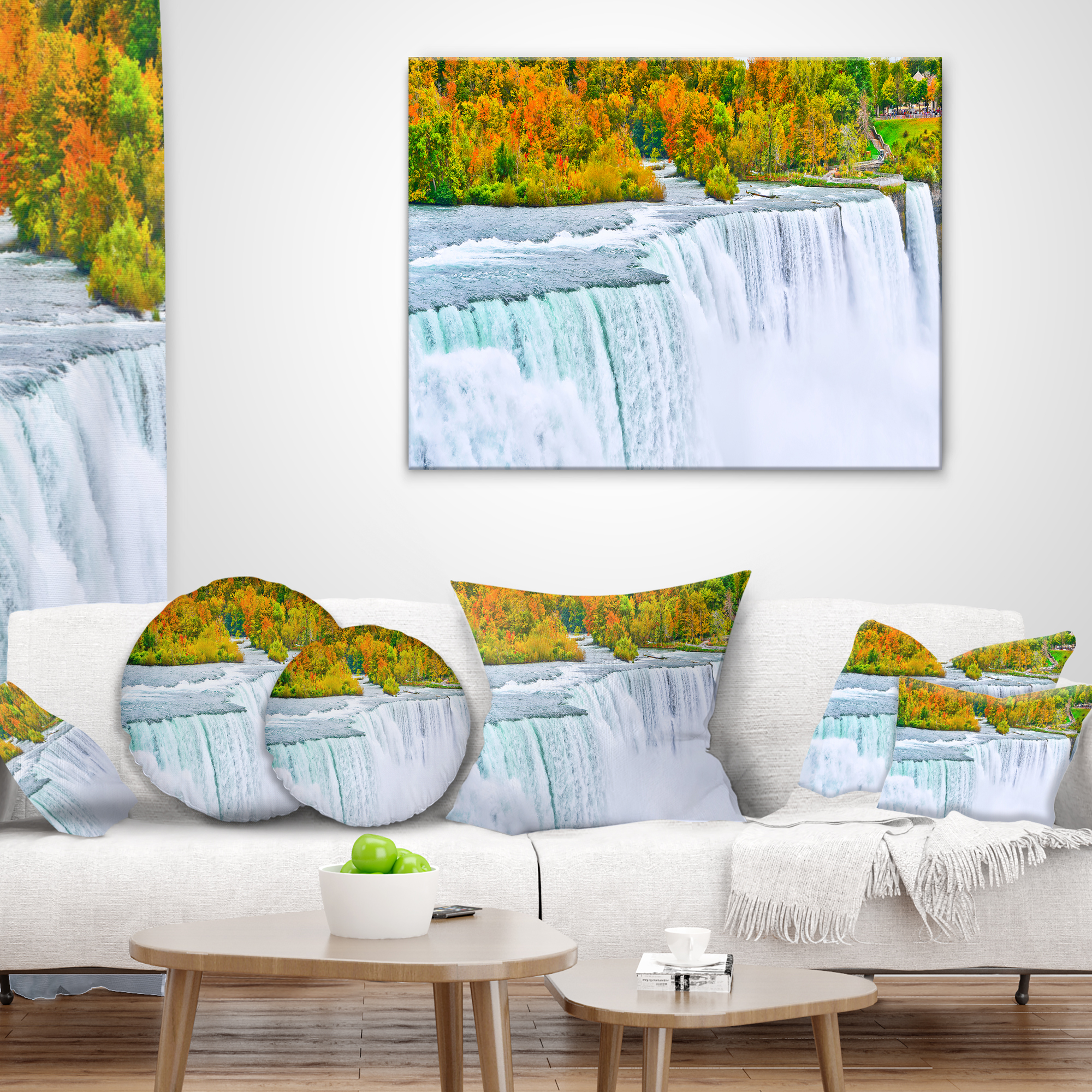Designart Autumn Niagara Falls Panorama - Landscape Printed Throw Pillow - 12x20