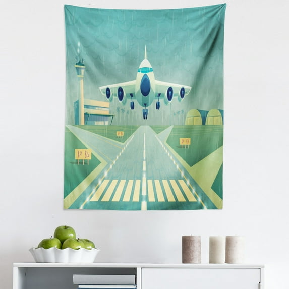 Airplane Tapestry, Aircraft Trying to Land in Stormy Rainbow Weather Cartoon Illustration, Fabric Wall Hanging Decor for Bedroom Living Room Dorm, 5 Sizes, Cadet Blue Green Cream, by Ambesonne
