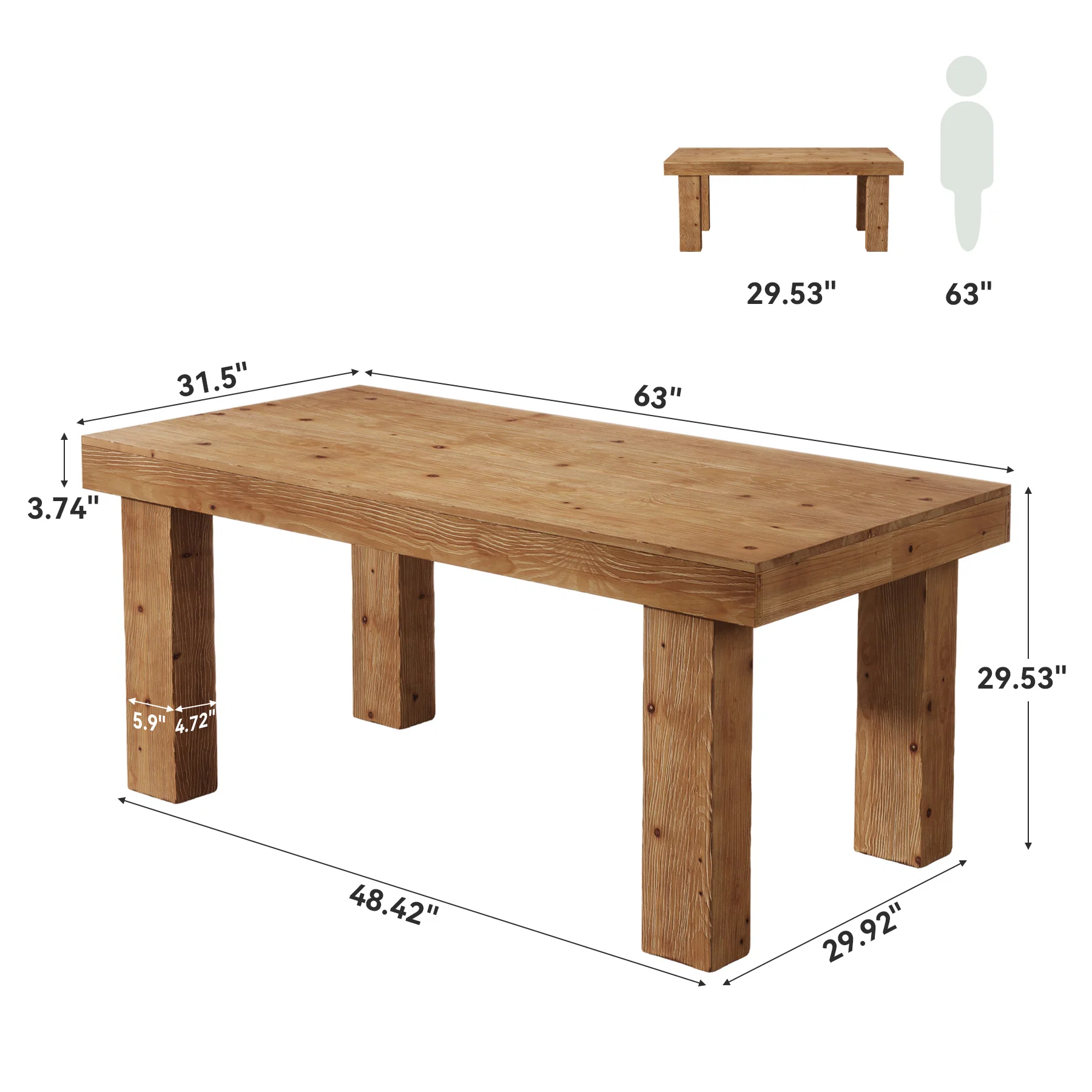 Hommoo 63 Inch Solid Wood Farmhouse Dining Table, Rustic Kitchen Table for 4-6 People, Heavy-Duty Wooden Legs, Waterproof Finish, Easy Assembly, Natural