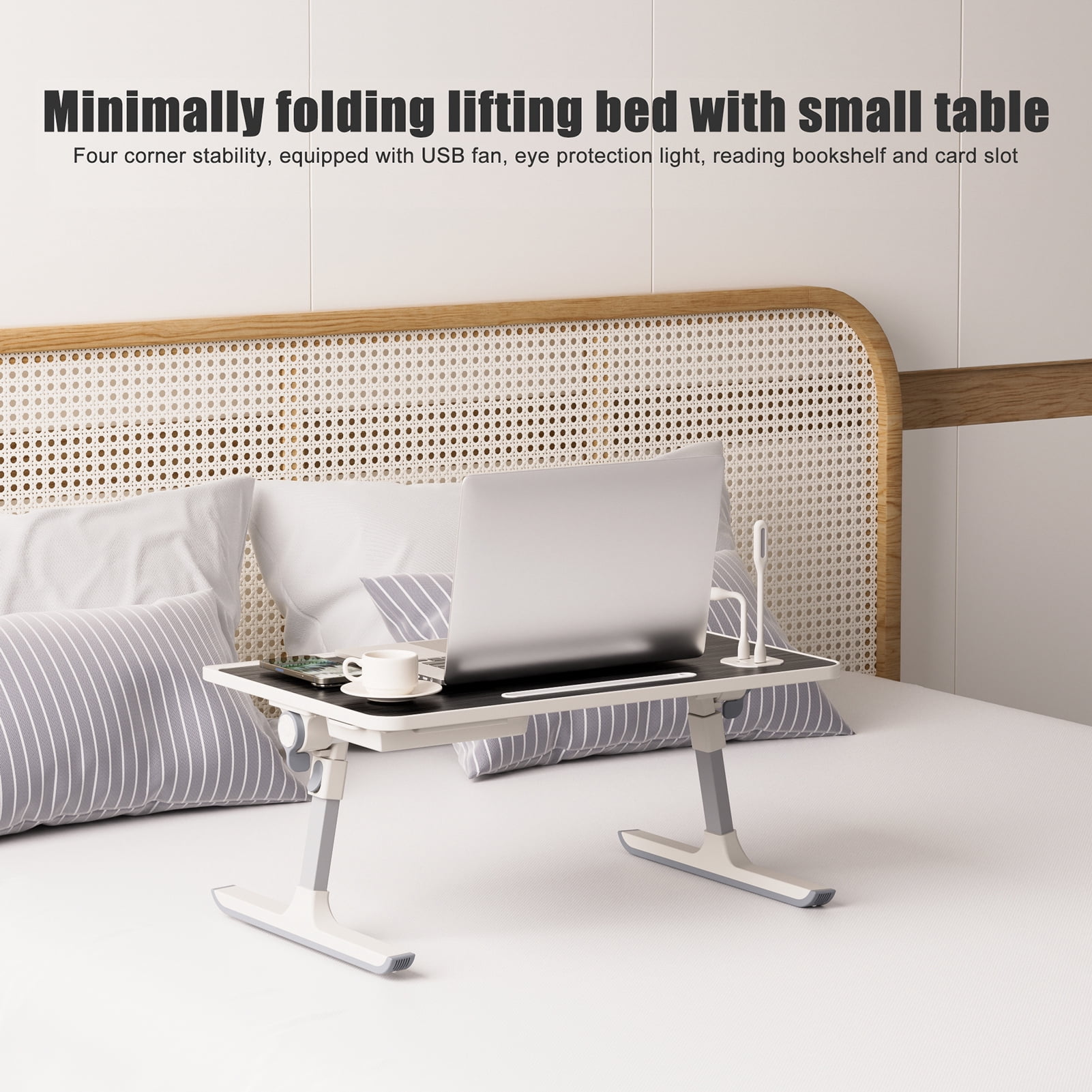 Nanly Foldable Laptop Bed Tray Desk, Heights and Angles Adjustable Laptop Bed Table with USB Fan and Small Lamp Portable Laptop Stand for Eating, Working, Writing in Sofa Couch Floor