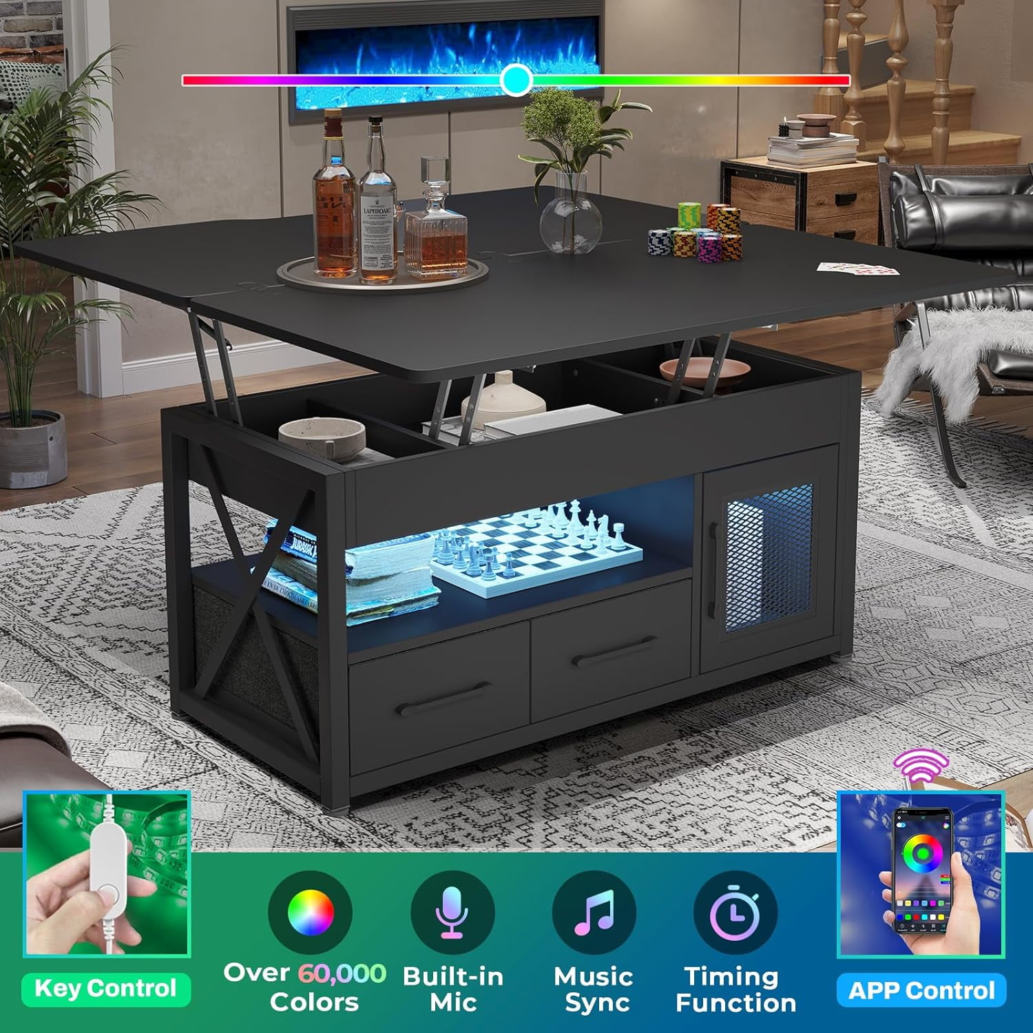 40" Lift Top Coffee Table, 4 in 1 Coffee Tables with Storage Cabinet for Living Room, Small Farmhouse Coffee Table with 2 Fabric Drawers & LED Light for Dining Room, Black
