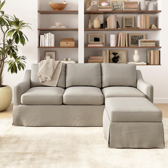 Bush Home Harper 80W Sofa and Storage Ottoman with Slipcovers in Sand Basketweave Fabric