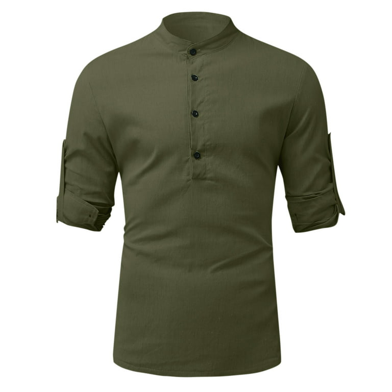 ZZWXWB Long Sleeve For Men Men Cotton Linen Shirt Pullover Casual Stand-up  Collar Solid Beach T-Shirt Army Green L 