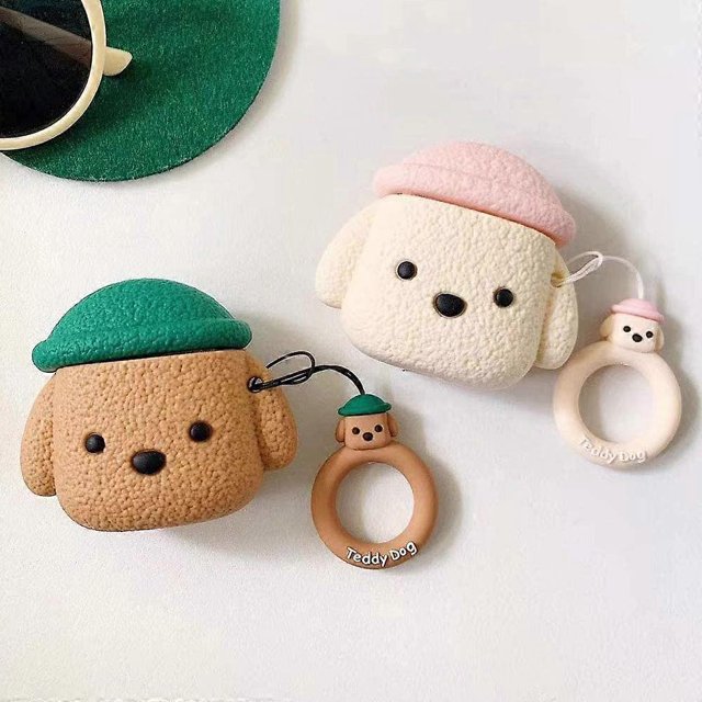 Funda para AirPods, súper linda y creativa, con diseño de perro de peluche y gorro de mascota, funda protectora de silicona suave estilo cachorro para AirPods 1 y 2 con gancho, color marrón