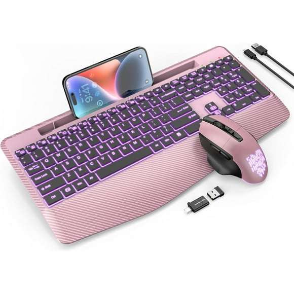 ERDS-Wireless Keyboard and Mouse Backlits, Wrist Rest, Jiggler Mouse, Rechargeable Ergonomic Keyboard with Phone Holder, Silent Light Up Combo for Computer, Mac, PC, Laptop, Chromebook (Rose Gold)