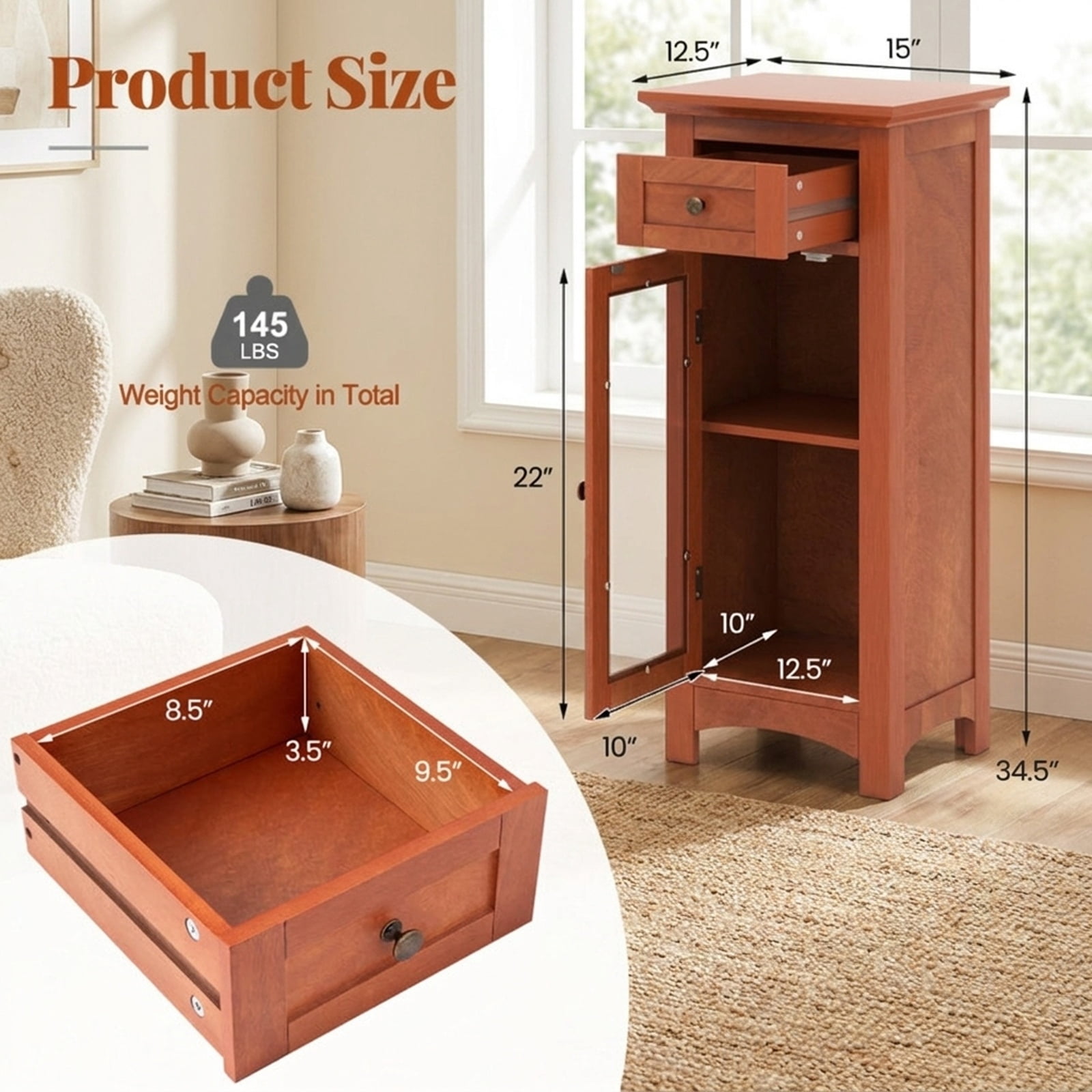 Vebreda Freestanding Bathroom Storage Cabinet, Bathroom Freestanding Storage Cabinet with Single Glass Door, Sturdy Glass Door