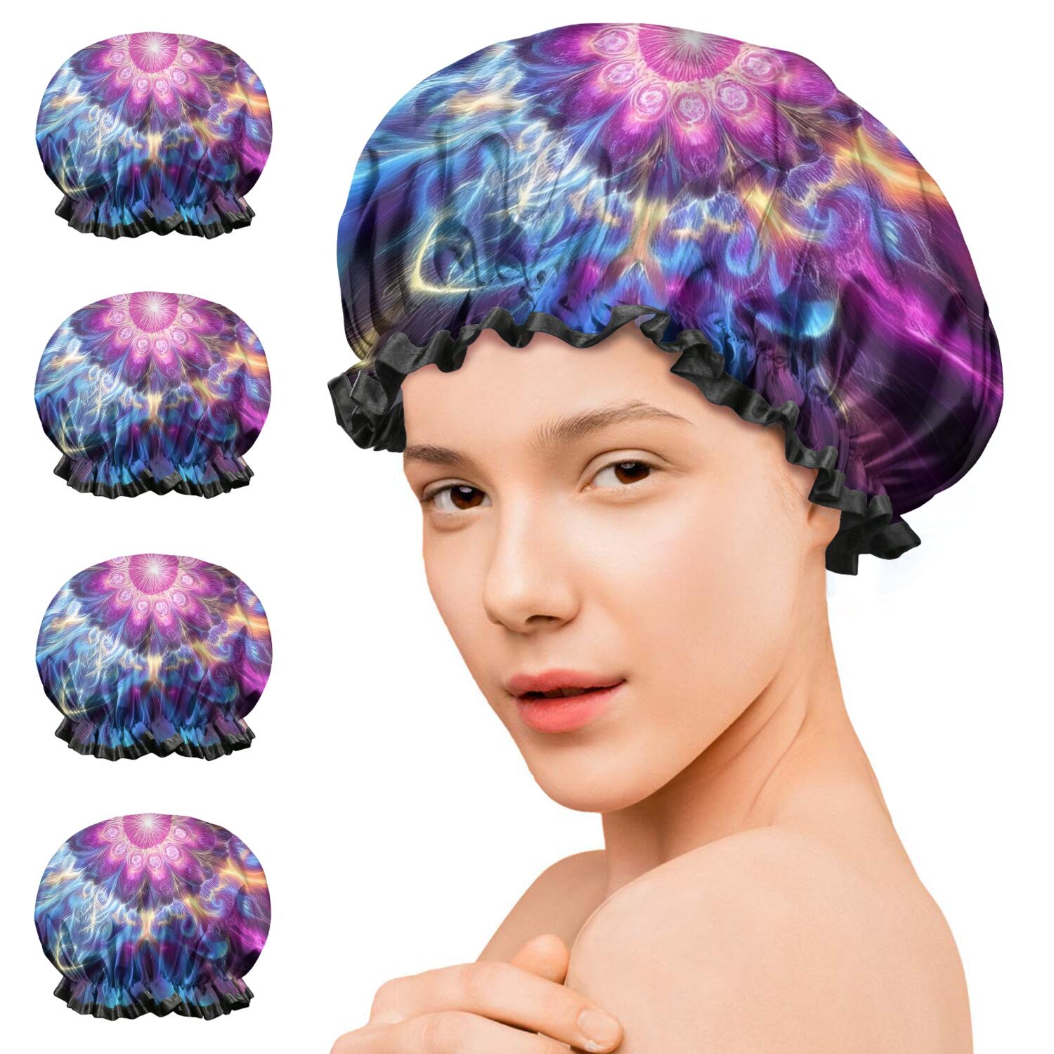 Shower Caps,Colorful Tie Dye Flame Flower Pattern Waterproof Shower Cap for Women 4 Pieces,Double Reusable Hair Cover for Shower PEVA Elastic Stretch Hem