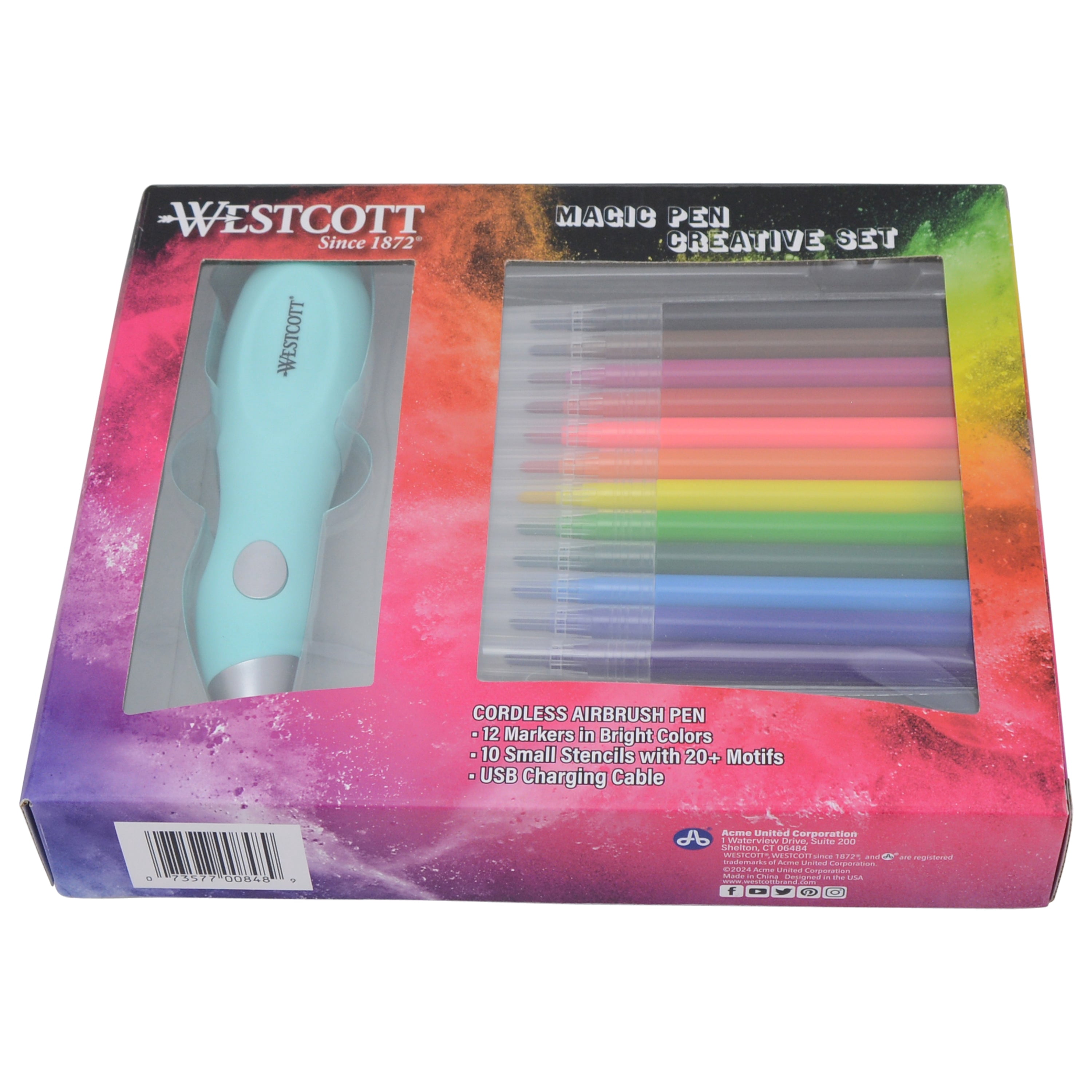 Westcott Magic Pen Airbrush Set for Adults and Children with 12 Felt Markers & 10 Stencils for Painting & Crafting, Battery Charged with USB Cable, Mint Color