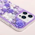 thumbnail image 4 of Compatible with iPhone 15 Pro Max Bling Case with Strap, Luxury Glitter Rhinestone Diamond Crystal Sparkle Rose Flower Pearl Floral Bracelets Soft Bumper Case Cover for Women Girls Purple, 4 of 14
