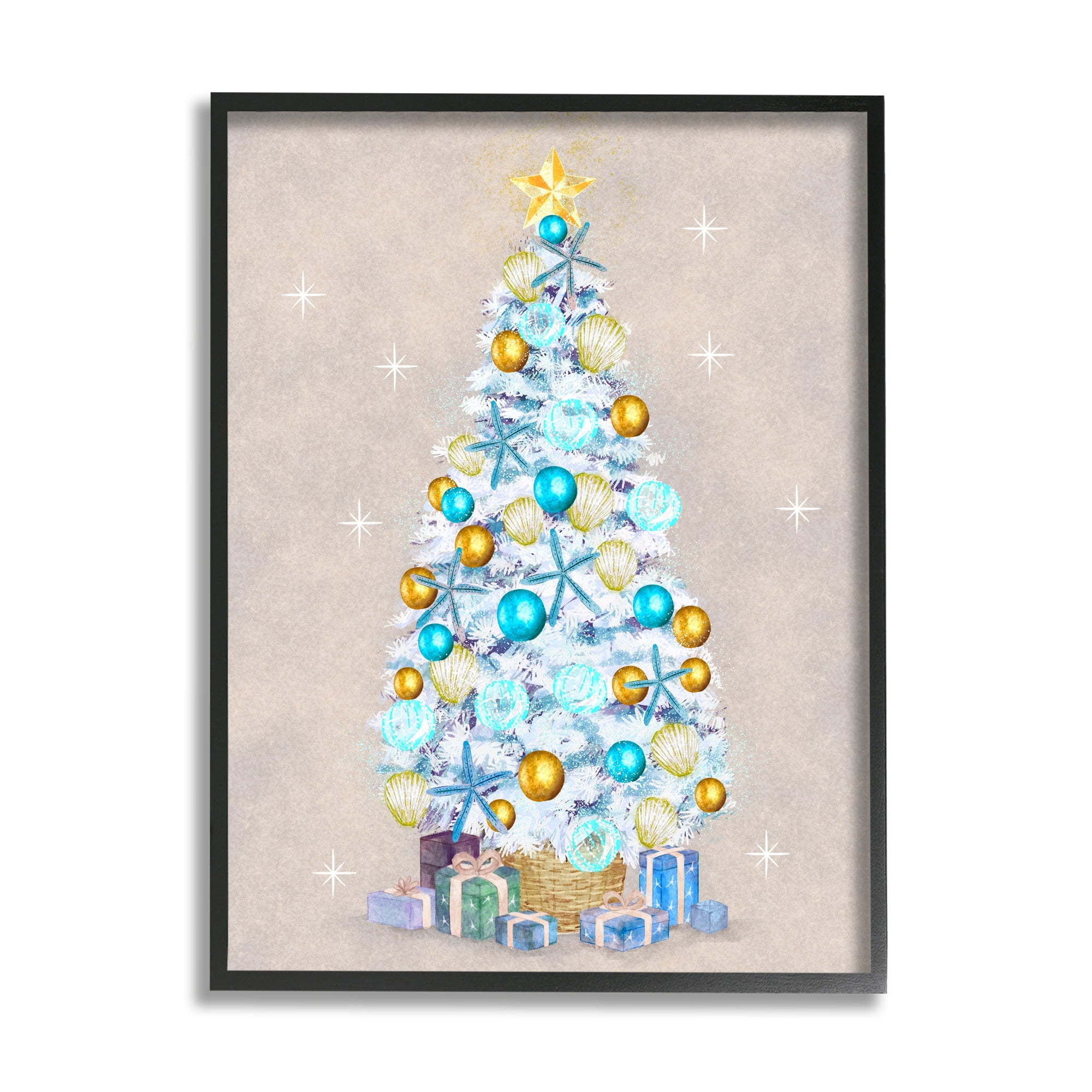 White Decorated Christmas Tree Holiday Gifts Ornaments Botanical & Floral Painting Framed Art Print Wall Art