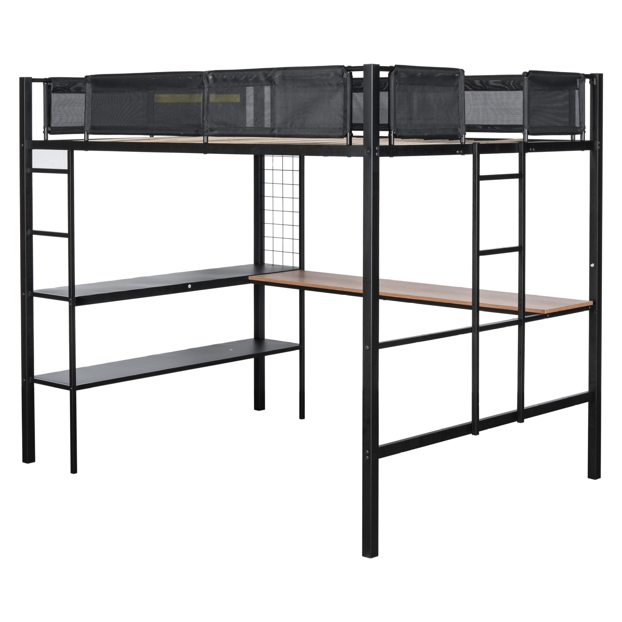 DEALTOPS Full Size Metal Loft Bed with Desk and 2-Tier Shelves and Grid Panel, Textilene Guardrail, Black