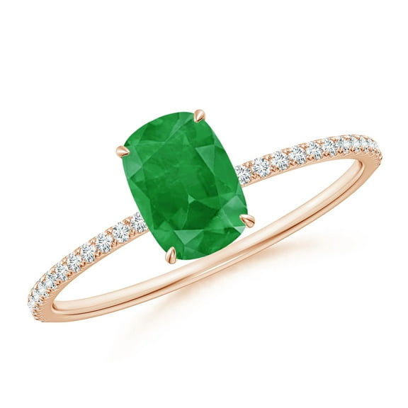 ANGARA Natural Thin Shank Cushion Emerald Ring with Diamond Accents in 14K Rose Gold for Women (Size-7x5mm) | May Birthstone, Birthday, Anniversary, Jewelry Gift for Women | Natural Emerald Ring
