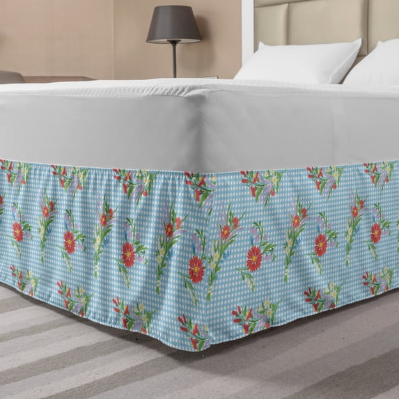 Floral Bed Skirt, Vibrant Spring Blooms on Tartan Geometric Squares Style Summer Motif Retro Print, Elastic Bedskirt Dust Ruffle Wrap Around for Bedding Decor, 4 Sizes, Multicolor, by Ambesonne