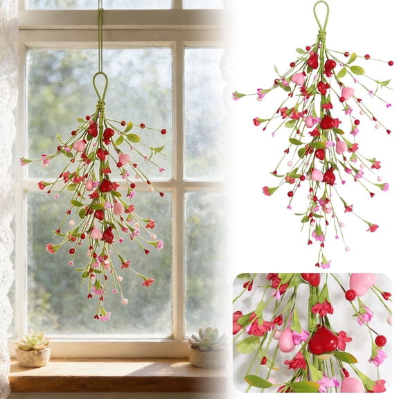 Valentine's Day Garland - 23.6 Inch Hanging Vine with Artificial Heart Berry & Flower for Wall, Mantel, Wedding & Staircase Decor, By Preplabs