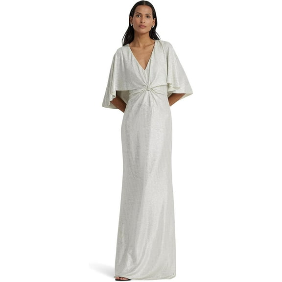 Ralph Lauren MASCARPONE CREAM Women's Metallic Knit Twist-Front Cape Gown, US 6