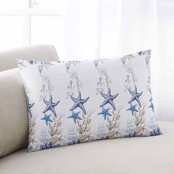 Starfish Throw Pillow Cover, Pillowcase Protectors with Zipper, Breathable Decorative Lumbar Pillow Case Cover, Blue Ocean Coastal Coral Shell Nautical Boat Pillow Shams for Couch Sofa 12x20Inch