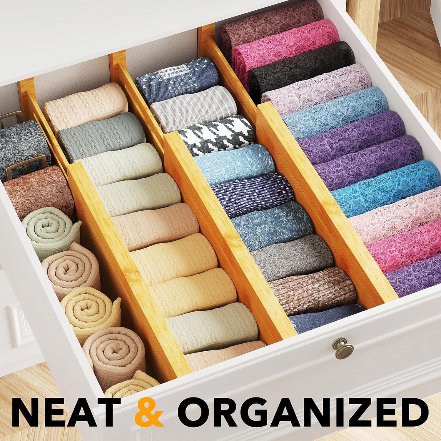 SpaceAid Bamboo Dresser Drawer Dividers 6 Pack, 4.65“ High Adjustable 12.5“-17” Drawer Organizers for Clothing