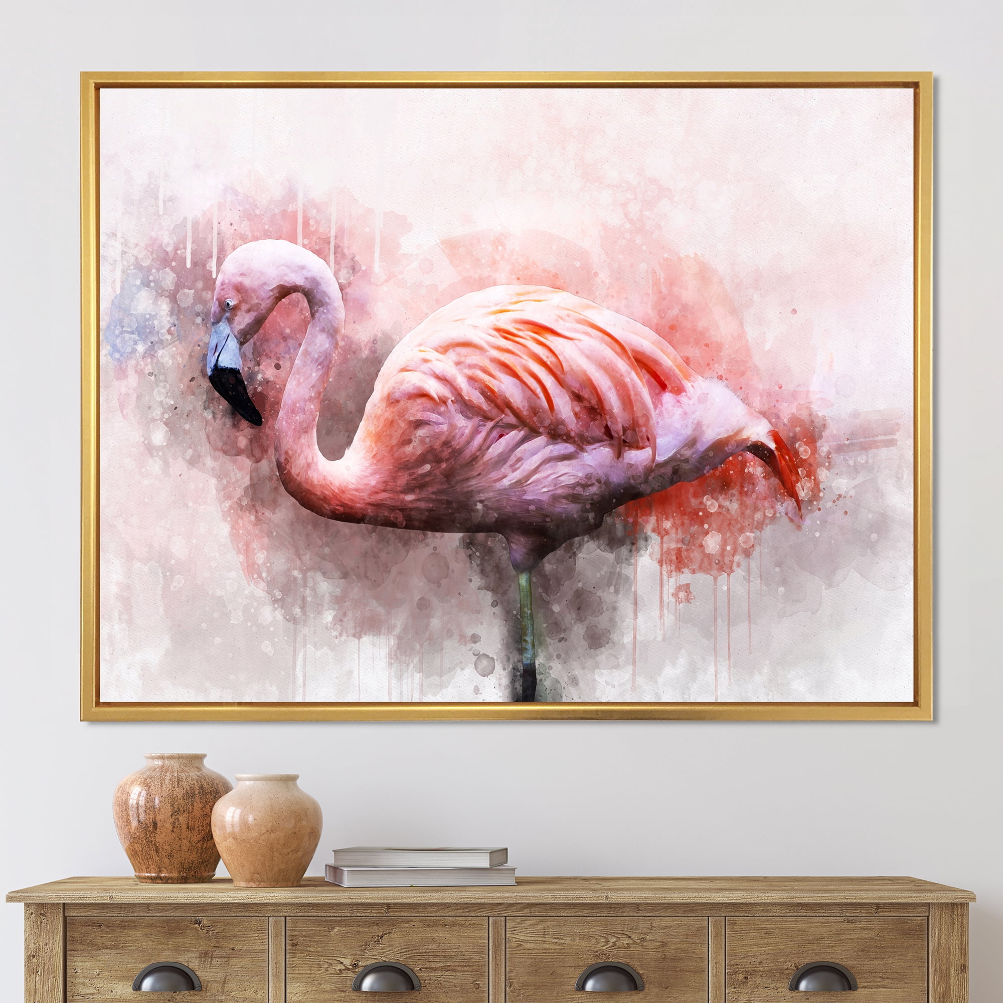 Designart 'Abstract Portrait of Pink Flamingo V' Farmhouse Framed Canvas Wall Art Print