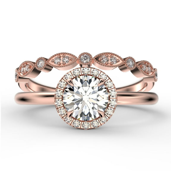 Fairy Minimalist 1.75 Carat Round Cut Diamond Moissanite Engagement Ring, Classic Halo Wedding Ring in 925 Sterling Silver With 18k Rose Gold Plating Gift For Her, One Matching Band