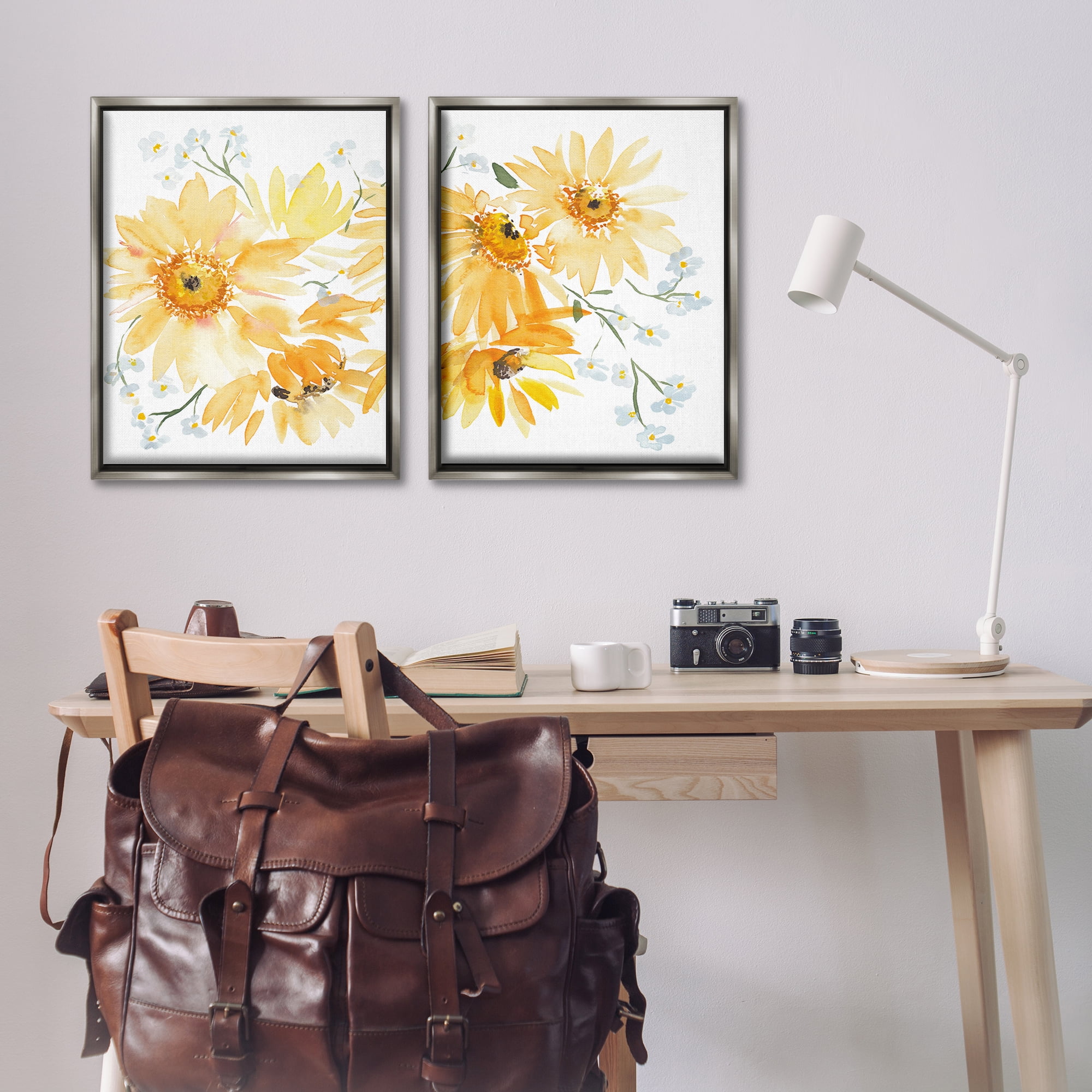 Stupell Industries Watercolor Black Eyed Susans Plants & Flowers Painting Gray Floater Framed Canvas Art Print Wall Art, 31 x 25, Set of 2