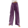 thumbnail image 6 of cfhntfmh Womens Linen Palazzo Pants Summer Boho Wide Leg High Rise Casual Lounge Pant Beach Travel Vacation Outfits（Purple,X-Large), 6 of 7