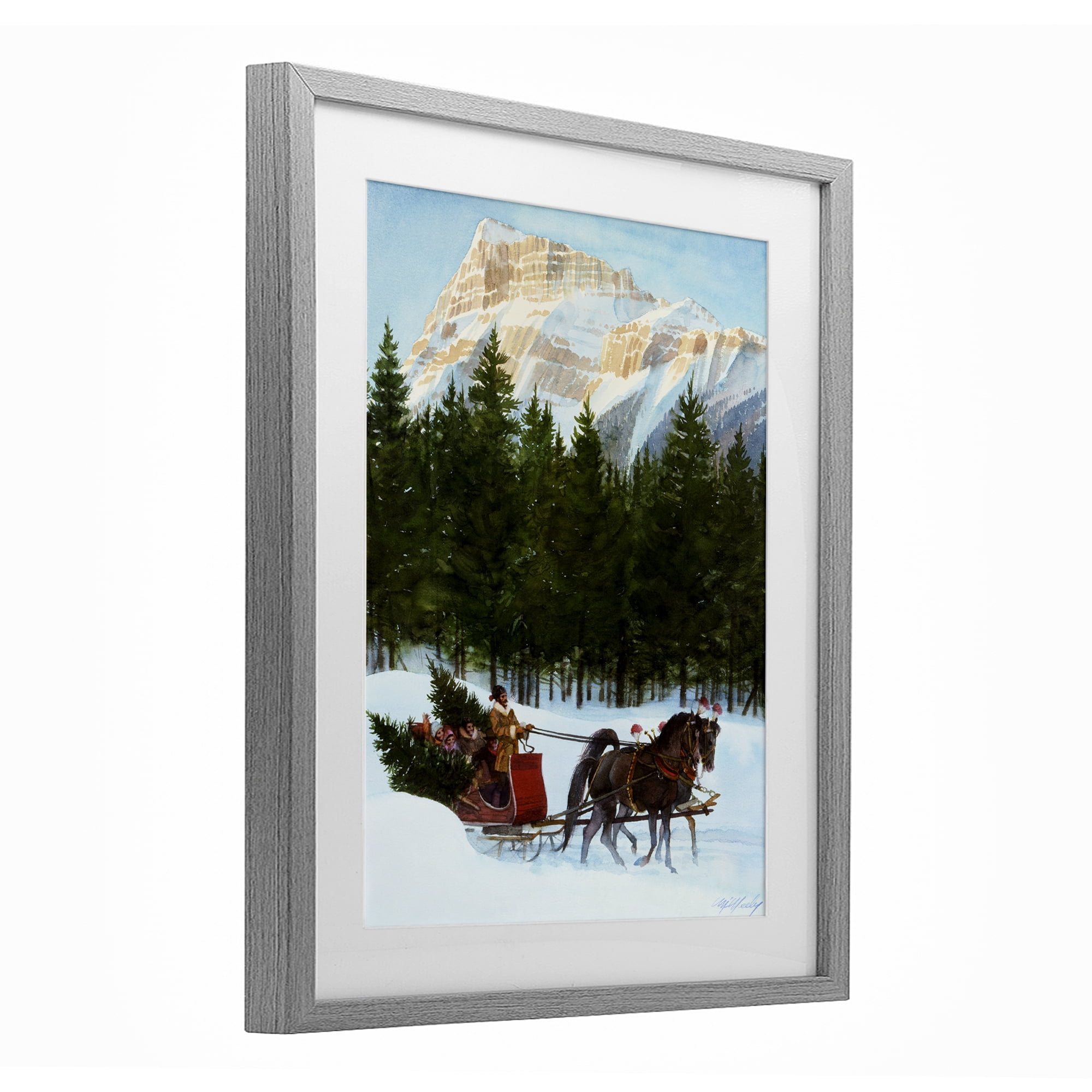 Sleigh Ride Carrying Trees Gray Framed Print Under Glass, design by Wind River Studios