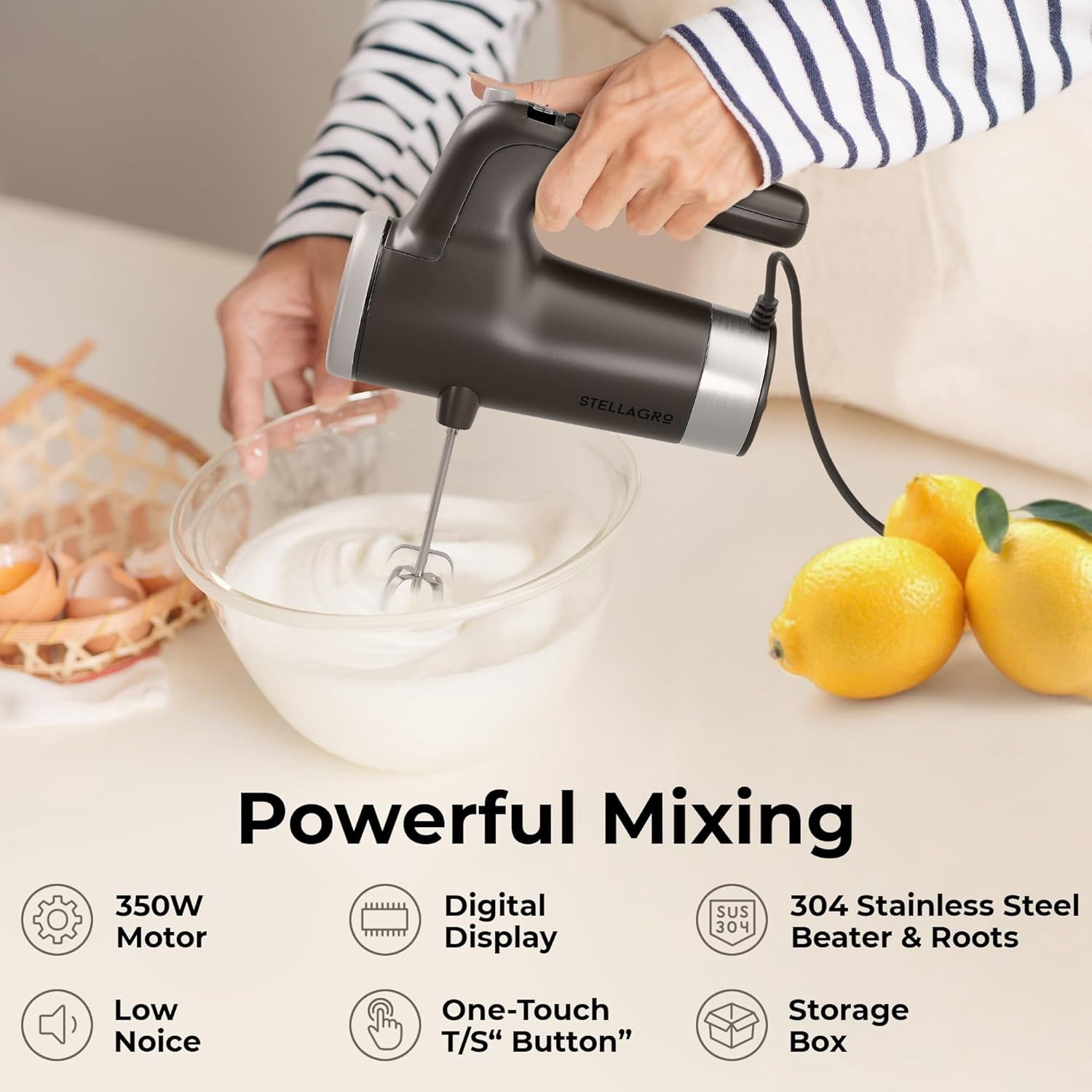 Electric Hand Mixer 9 Speed with Stainless Steel Whisk, Flat Beater & Dough Hook, Snap Storage , Compact Lightweight 350 W Powerful handheld mixer for Baking & Cooking, Gray