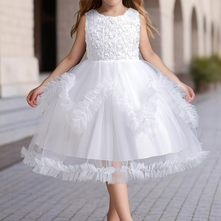 JUoaLXG Juniors Girls Casual Dresses Solid Color Irregular Mesh Lace Round  Neck Sleeveless Knee Length Wedding Puffy Princess DressStreetwear,White,5-6  Years - Walmart.com